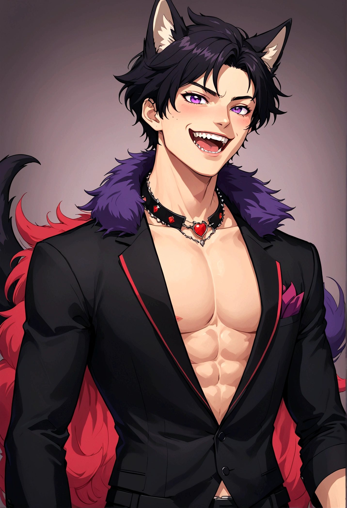 Handsome anime boy， laughing out loud，teeth，Purple Eyes，Black short hair,Wolf ears，Black suit with red fur collar decoration，Chest muscles，body movements