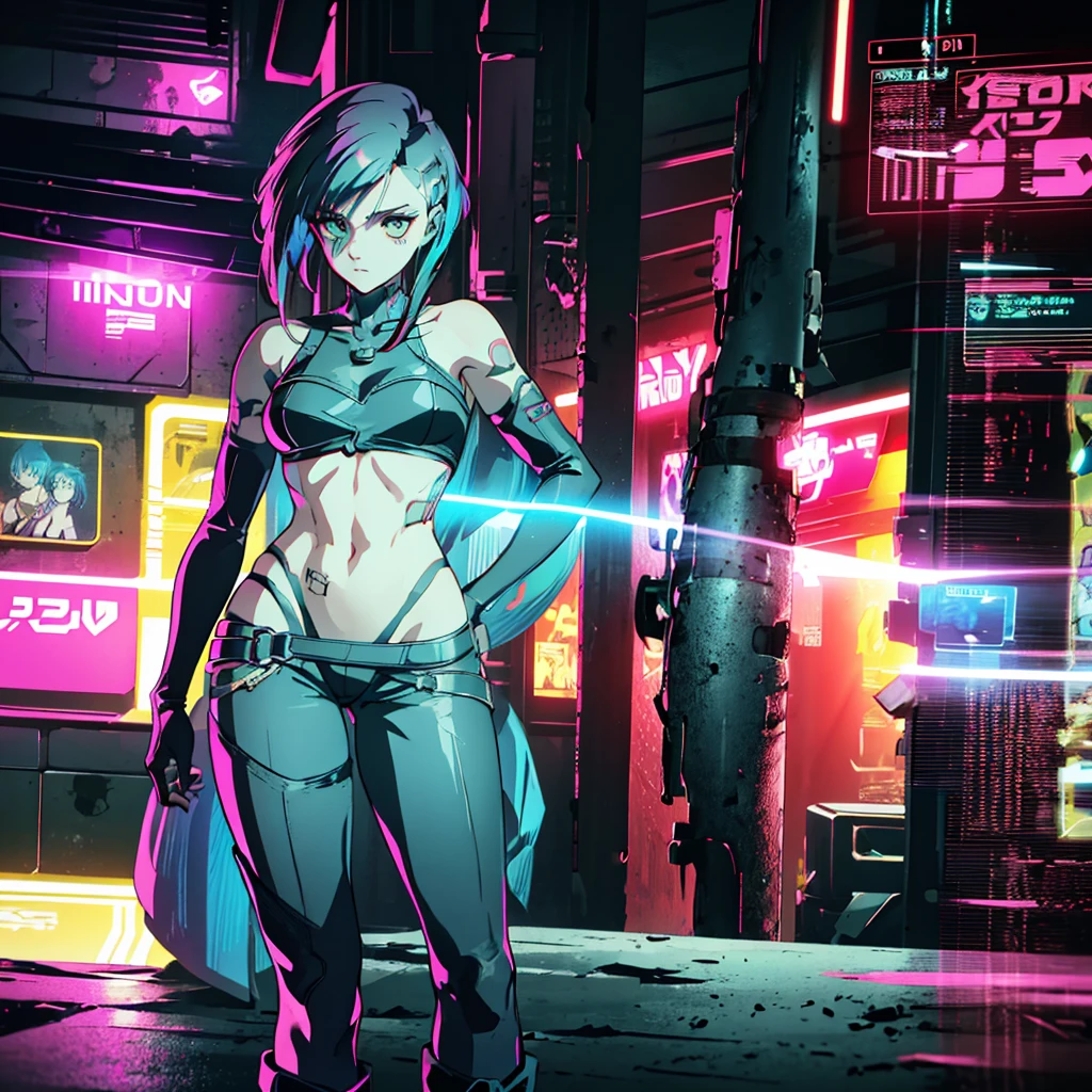 Create an anime-style, high-resolution, ultrasharp 8K masterpiece of Judy Alvarez from "Cyberpunk 2077." She has a punk-inspired look with partially shaved sides and the rest of her hair dyed in vibrant colors. Her expressive eyes are highlighted with bold, edgy makeup. She sports a series of intricate tattoos covering her neck, arms, and torso, adding to her rebellious aura. Judy wears a stylish, futuristic outfit with a mix of leather and neon accents, embodying the gritty, cyberpunk aesthetic. The background should reflect the neon-lit streets of Night City, emphasizing the urban, high-tech environment. Capture her confident, determined expression as she stands ready, showcasing her role as a skilled braindance technician and fierce protector of the marginalized.