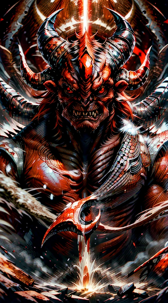 High quality, Ultra detailed, best quality, insanely detailed, beautiful, masterpiece,A giant red devil with horns, a Japanese red demon,, with murderous red eyes