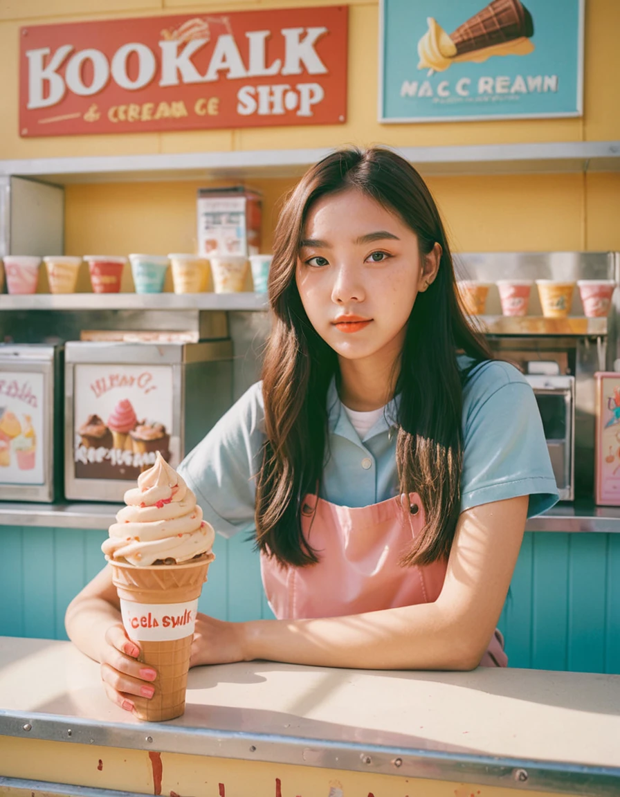 Portrait MagMix Girl looking at camera, Long hair, Work clothes, Retro style ice cream shop，Light-colored walls, Cold drink counter, and retro ice cream poster, Bathed in the warm sunshine, Analog film photos, Kodak color film.