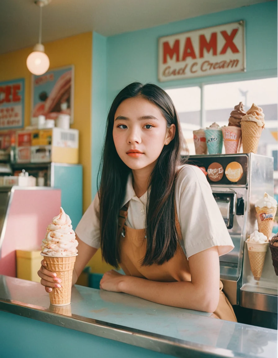 Portrait MagMix Girl looking at camera, Long hair, Work clothes, Retro style ice cream shop,Light-colored walls, Cold drink counter, and retro ice cream poster, Bathed in the warm sunshine, Analog film photos, Kodak color film.