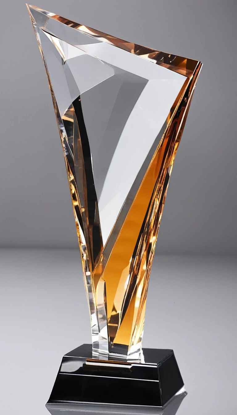 A cool and stylish crystal trophy；Made of crystal and black metal，Beautiful curves，Stylish styling；Wooden square base，There is a metal nameplate on the base；White background，Front view。