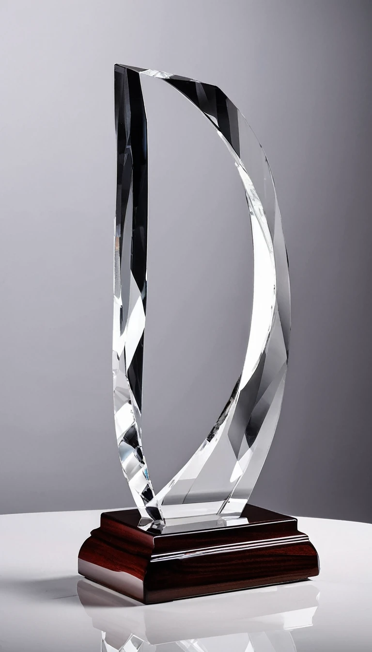 A cool and stylish crystal trophy;Made of crystal and black metal,Beautiful curves,Stylish styling;Wooden square base,There is a metal nameplate on the base;White background,Front view。