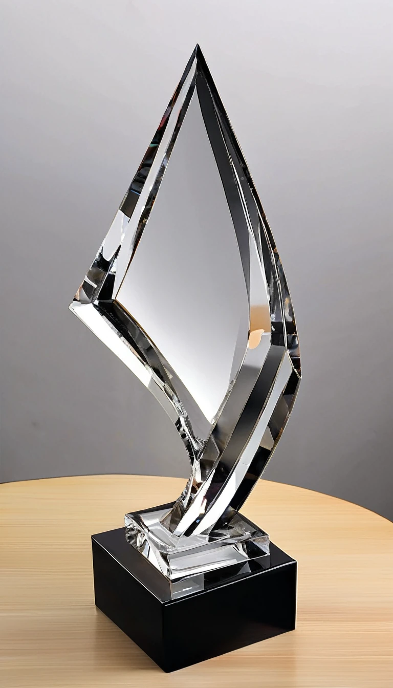 A cool and stylish crystal trophy；Made of crystal and black metal，Beautiful curves，Stylish styling；Wooden square base，There is a metal nameplate on the base；White background，Front view。