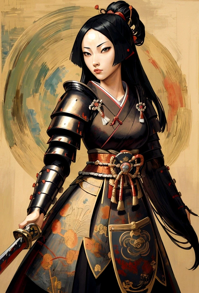 a picture of Japanese female samurai, she has long black hair, wearing samurai armor, armed with a katana, ready for battle, dynamic angle,, Japanese fantasy art, (Masterpiece: 1.5), 16k, highres, best quality, high details, ultra detailed, masterpiece, best quality, (extremely detailed), arafed, dnd art, JapaneseKatana, wtrcolor style