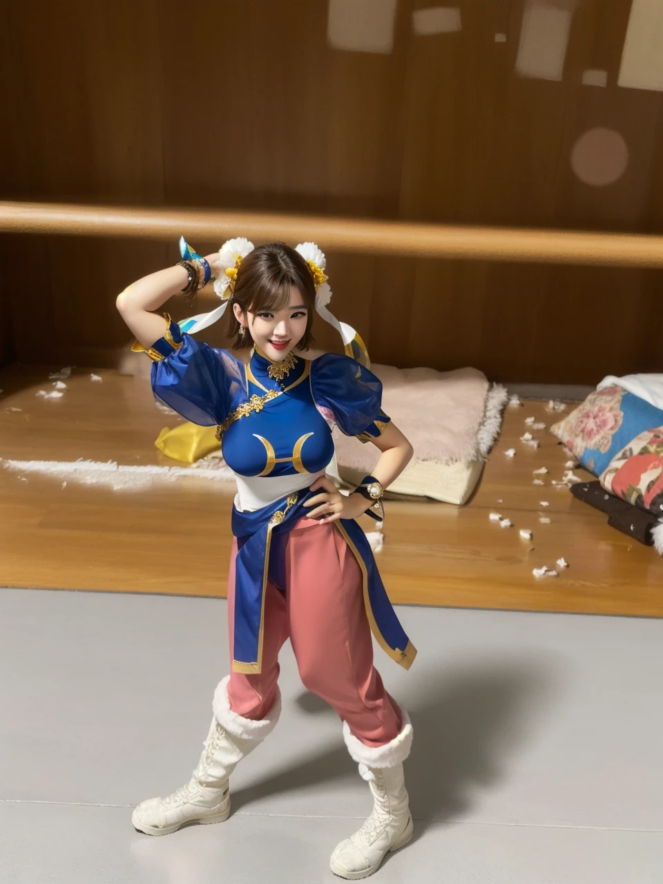 1 girl, 19 years old, south korean, 4k, masterpiece, perfect face, multiple frekles under eyes, short whavy brown hair, bob haircut, pink eyes, red lips, red eyeliners, massively large breast, off shoulder pink top, diamond, tattoo on the neck, gold necklase, wink with left eye, tilted head, happy, big smile, selfie, close shot, birds eye view, detailed face, facing camera.