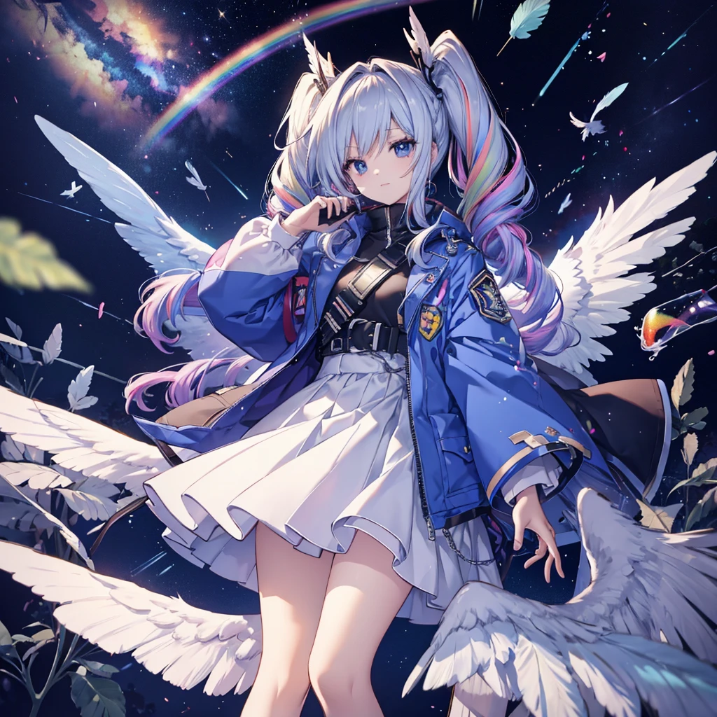 ((Archangel Fantasy Rainbow Hair Make your hair rainbow-colored on the inside Please make your hairstyle into a twin drill. Rainbow Eyes starの虹彩 He has a gun uniform Put on a coat without putting your arms through it Wings many times larger than mine rainbow gradient feathers Lonely Smiling Kindly Left facing)) ((tears gloves)) (Broken glass Rolling Pebbles Distorted Space-Time star) Catch the wind milky way Shining Background Particles of light, rainbow colored edges Shining Edge star