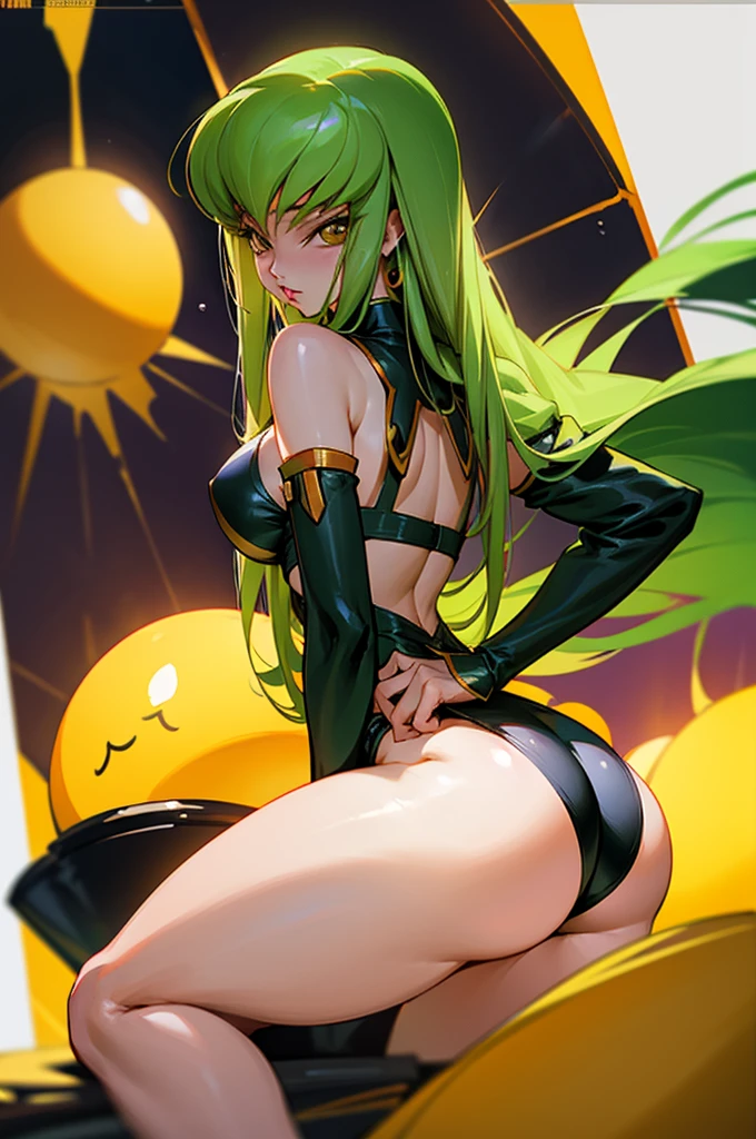 Code Geass, C.C, 1girl, (((bimbo))), long green hair, yellow eyes, ear rings, puffy lips, painted lips, thick lips, wide hips, thick thighs, small round breast, huge ass, revealing cleavage, erotic, sexy face, bubble butt, Brazilian butt lift, black bikini, high waist bikini, looking back, gym, ass posing, gym, legs, squishy ass, soft ass, legs, jiggly ass, legs,