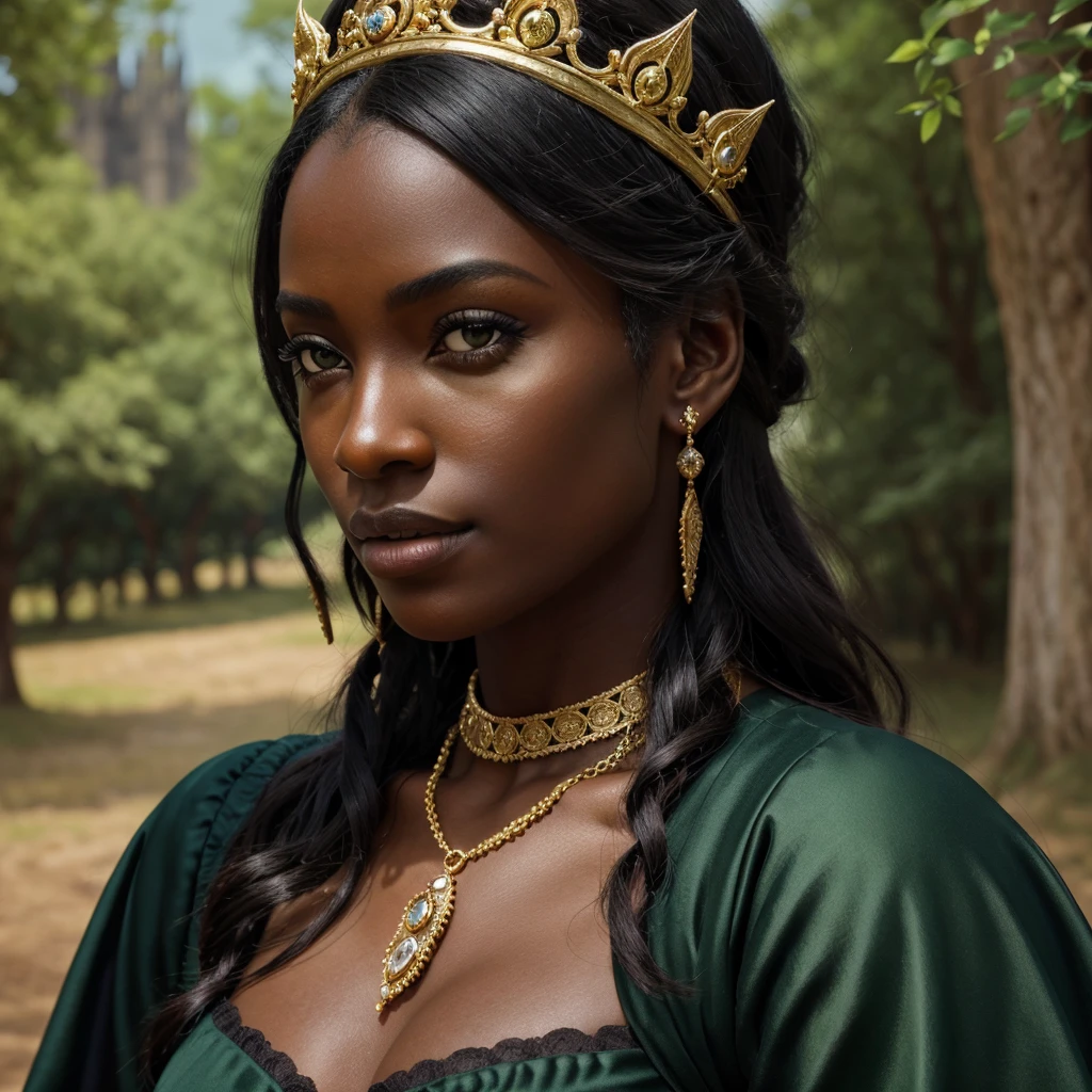 a beautiful detailed dark-skinned black woman wearing a golden crown with diamonds, posing in a medieval green vale with majestic medieval architecture in the background, professional majestic oil painting, dramatic, photorealistic, intricate, high detail, sharp focus, by Ed Blinkey, Atey Ghailan, Studio Ghibli, Jeremy Mann, Greg Manchess, Antonio Moro, trending on ArtStation, trending on CGSociety
