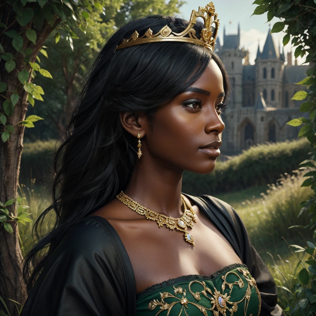 a beautiful detailed dark-skinned black woman wearing a golden crown with diamonds, posing in a medieval green vale with majestic medieval architecture in the background, professional majestic oil painting, dramatic, photorealistic, intricate, high detail, sharp focus, by Ed Blinkey, Atey Ghailan, Studio Ghibli, Jeremy Mann, Greg Manchess, Antonio Moro, trending on ArtStation, trending on CGSociety