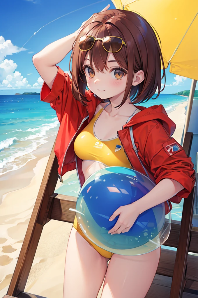 Reddish brown hair　Short Bob　Brown eyes　beautiful girl　Yellow swimsuit　blue sea　White sand beach　Light of the sun　smile　sunglasses
