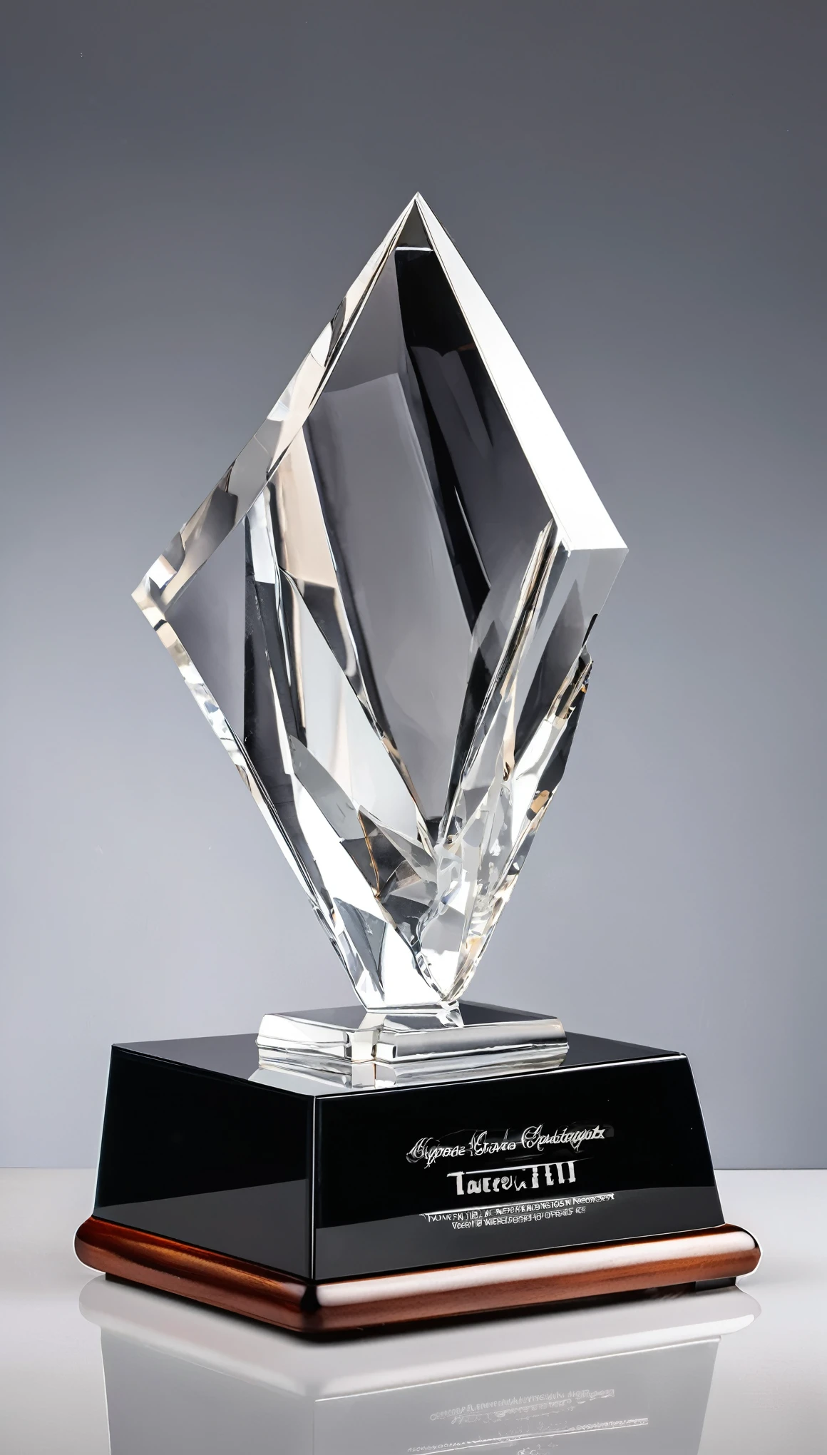 A cool and stylish crystal trophy;Made of crystal and black metal,Beautiful curves,Stylish styling;Wooden square base,There is a metal nameplate on the base;White background,Front view。