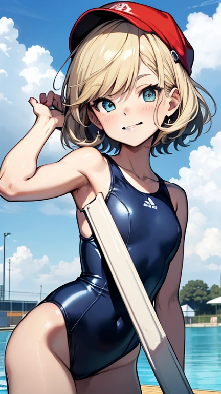 School Swimsuit: Brunette hair, azure eyes, sleek short bob, enlarged depiction of the upper body, high school swimsuit, high resolution, no background, lean figure, radiant smile with a slight blush, detailed limb depiction, fitted swimsuit with school emblem, white sneakers, blue-sky background.
School Swimsuit: Blonde hair, sapphire eyes, sleek short bob, enlarged depiction of the upper body, high school swimsuit, high resolution, no background, lean figure, playful smile, detailed limb depiction, one-piece swimsuit with school colors, red swim cap, blue-sky background.