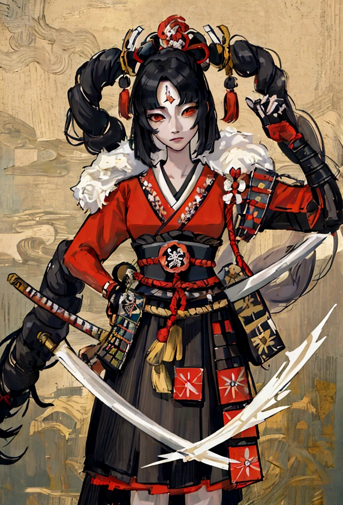 a picture of Japanese female samurai, she has long black hair, wearing samurai armor, armed with a katana, ready for battle, dynamic angle,, Japanese fantasy art, (Masterpiece: 1.5), 16k, highres, best quality, high details, ultra detailed, masterpiece, best quality, (extremely detailed), arafed, dnd art, JapaneseKatana, wtrcolor style