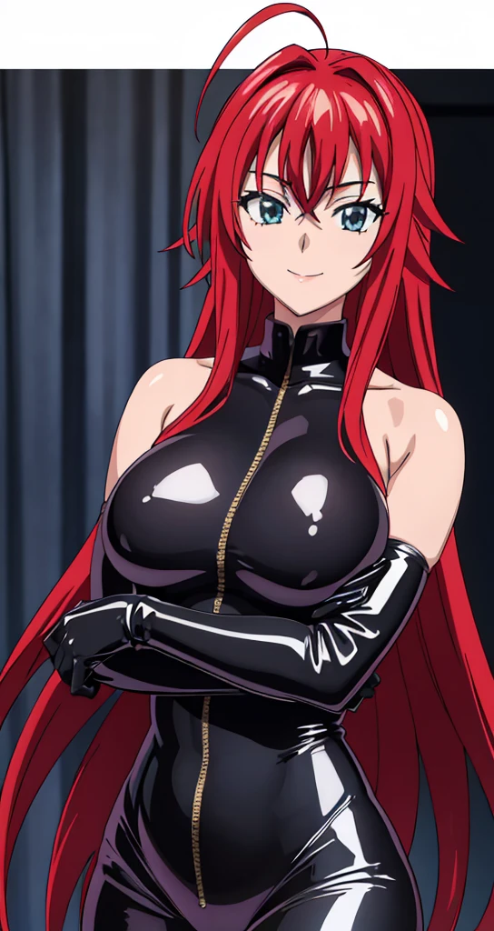 (((picture perfect))), (absurdres), 1girl, solo, rias gremory, looking at viewer, smile, latex suit, rubbing breast (((upper body)))