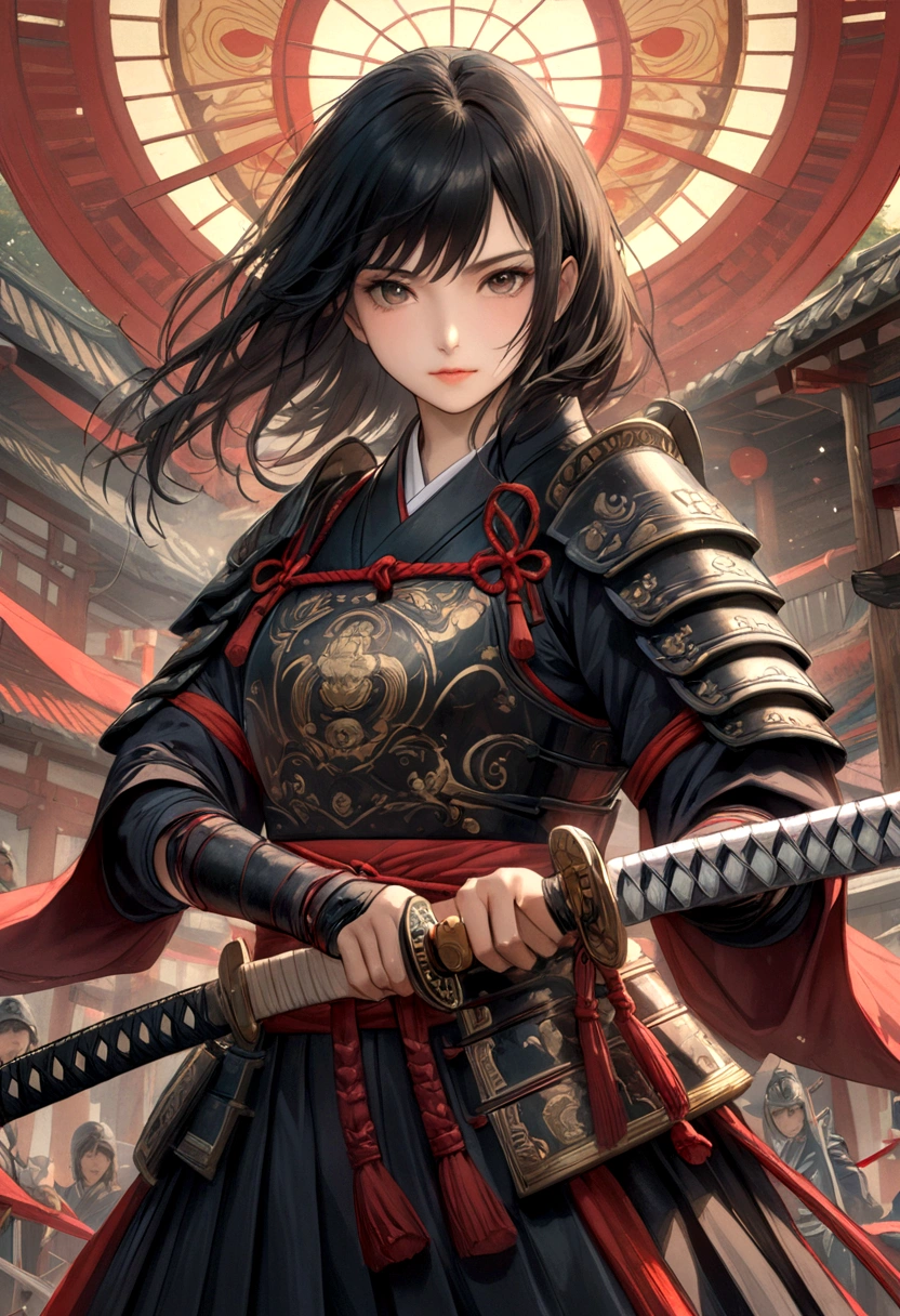 a picture of Japanese female samurai, she has long black hair, wearing samurai armor, armed with a katana, ready for battle, dynamic angle,, Japanese fantasy art, (Masterpiece: 1.5), 16k, highres, best quality, high details, ultra detailed, masterpiece, best quality, (extremely detailed), arafed, dnd art, JapaneseKatana, wtrcolor style