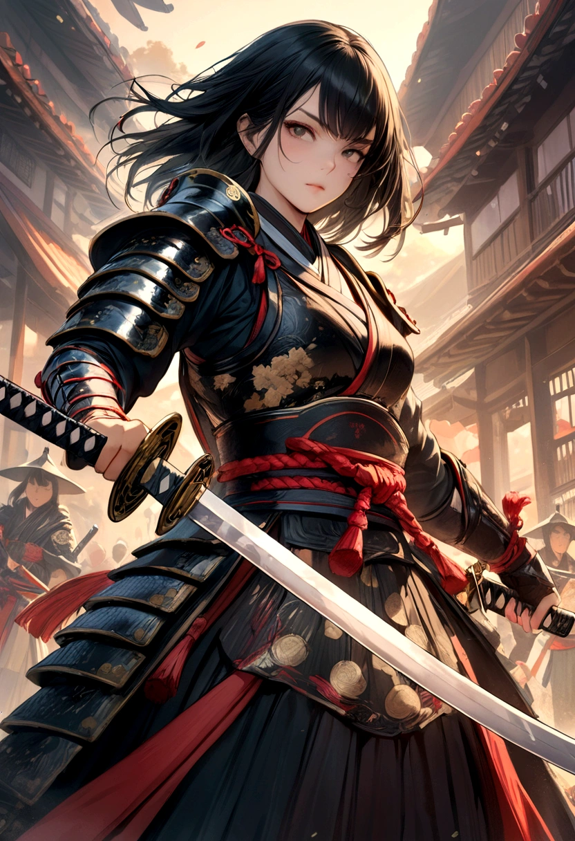 a picture of Japanese female samurai, she has long black hair, wearing samurai armor, armed with a katana, ready for battle, dynamic angle,, Japanese fantasy art, (Masterpiece: 1.5), 16k, highres, best quality, high details, ultra detailed, masterpiece, best quality, (extremely detailed), arafed, dnd art, JapaneseKatana, wtrcolor style