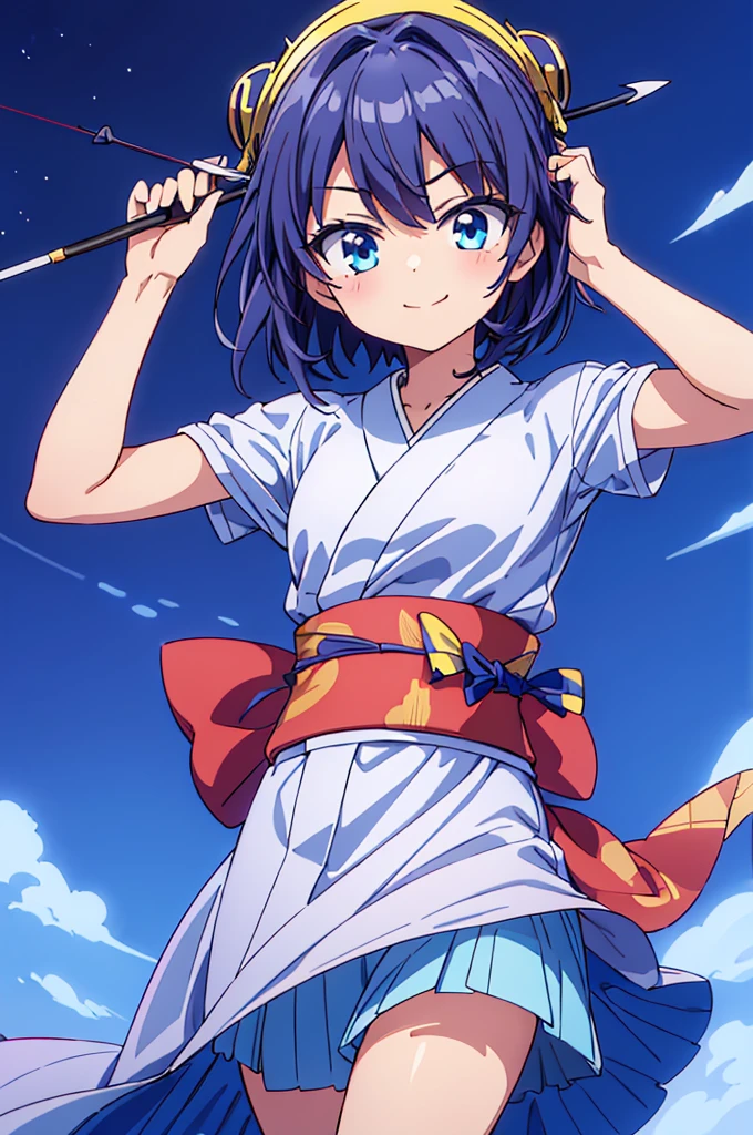 Highest quality, masterpiece, High resolution, alone, （Rurouni Kenshin: Saito Hajime），smile，（(Bow and Arrow)) ，Killer，kimono，（Long Bow），（Jinhaori），Evening sky_background，Young Girl，Anime Style, Highest quality, 4k, masterpiece,， alone, 1,whole body，looking at the camera, Shinkai Makoto style, （light blue_coat）Sharp Eyes，Low posture，（(Draw the bow pose)) ，（Full Finger）, （Accurate fingertips）, （The finer details）, （Anatomically correct）, (映画のbackground), Hyper Detail, (Subtle details), (Intricate details),