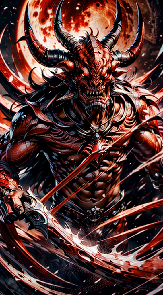 High quality, Ultra detailed, best quality, insanely detailed, beautiful, masterpiece,A giant red devil with horns, a Japanese red demon,, with murderous red eyes