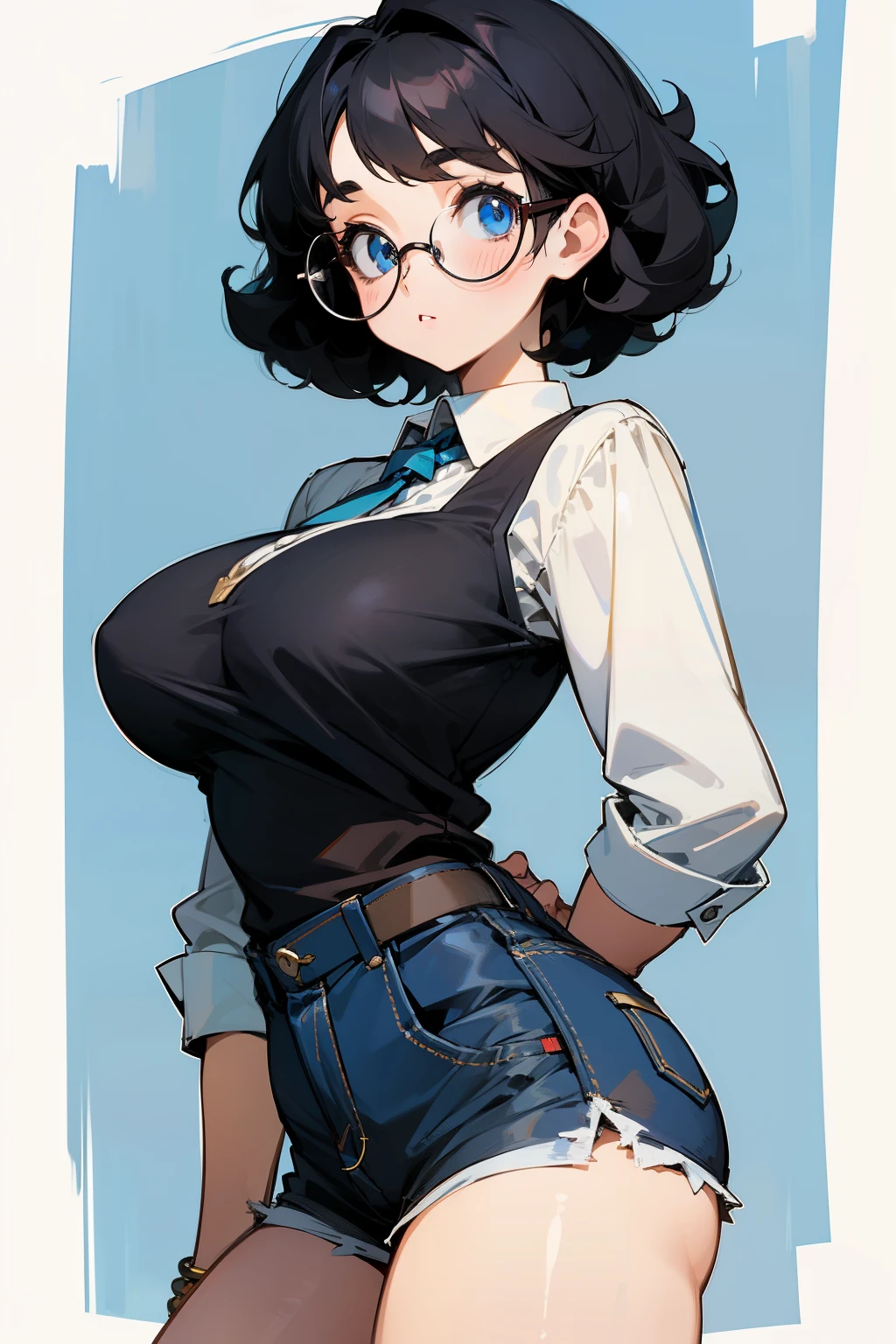 Cute girl, short curly black hair, round glasses, blue eyes, big breasts, short shorts 