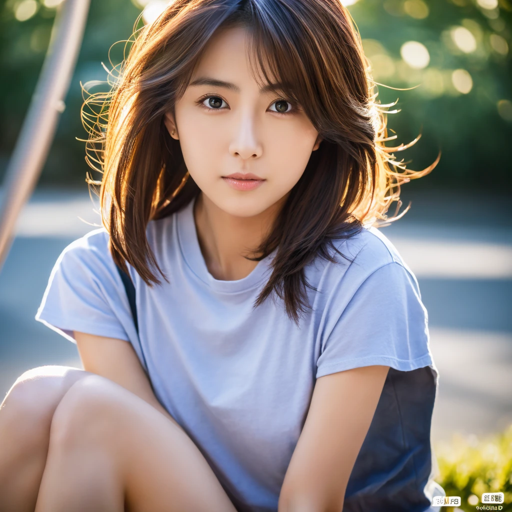 4K, High resolution, masterpiece, Highest quality, head:1.3, (Japanese actress), Detailed skin, Sharp focus, (Cinema Lighting), morning, Soft lighting, Medium Hair, Dynamic Angle, [:(Detailed face:1.2):0.3], Thigh Gap, T-Shirts, Casual clothing, thin, Outdoor