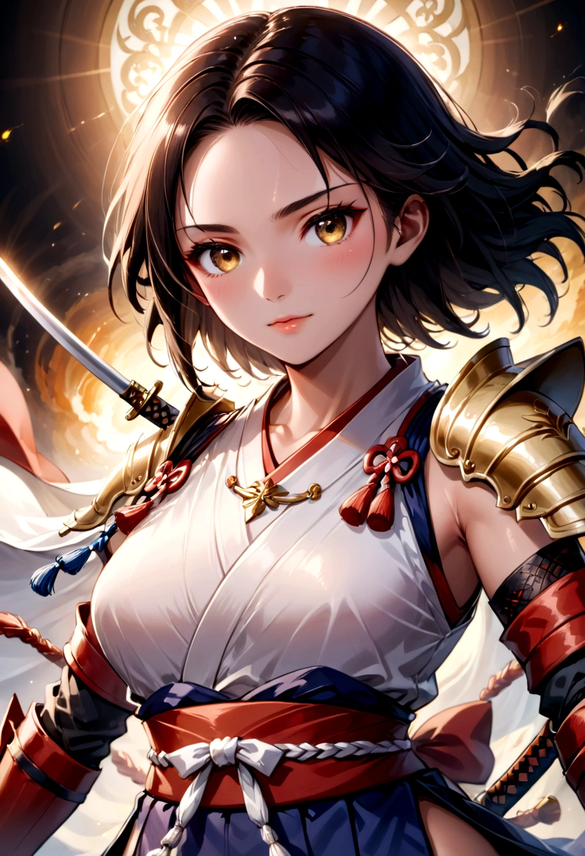 a picture of Japanese female samurai, she has long black hair, wearing samurai armor, armed with a katana, ready for battle, dynamic angle,, Japanese fantasy art, (Masterpiece: 1.5), 16k, highres, best quality, high details, ultra detailed, masterpiece, best quality, (extremely detailed), arafed, dnd art, JapaneseKatana, wtrcolor style