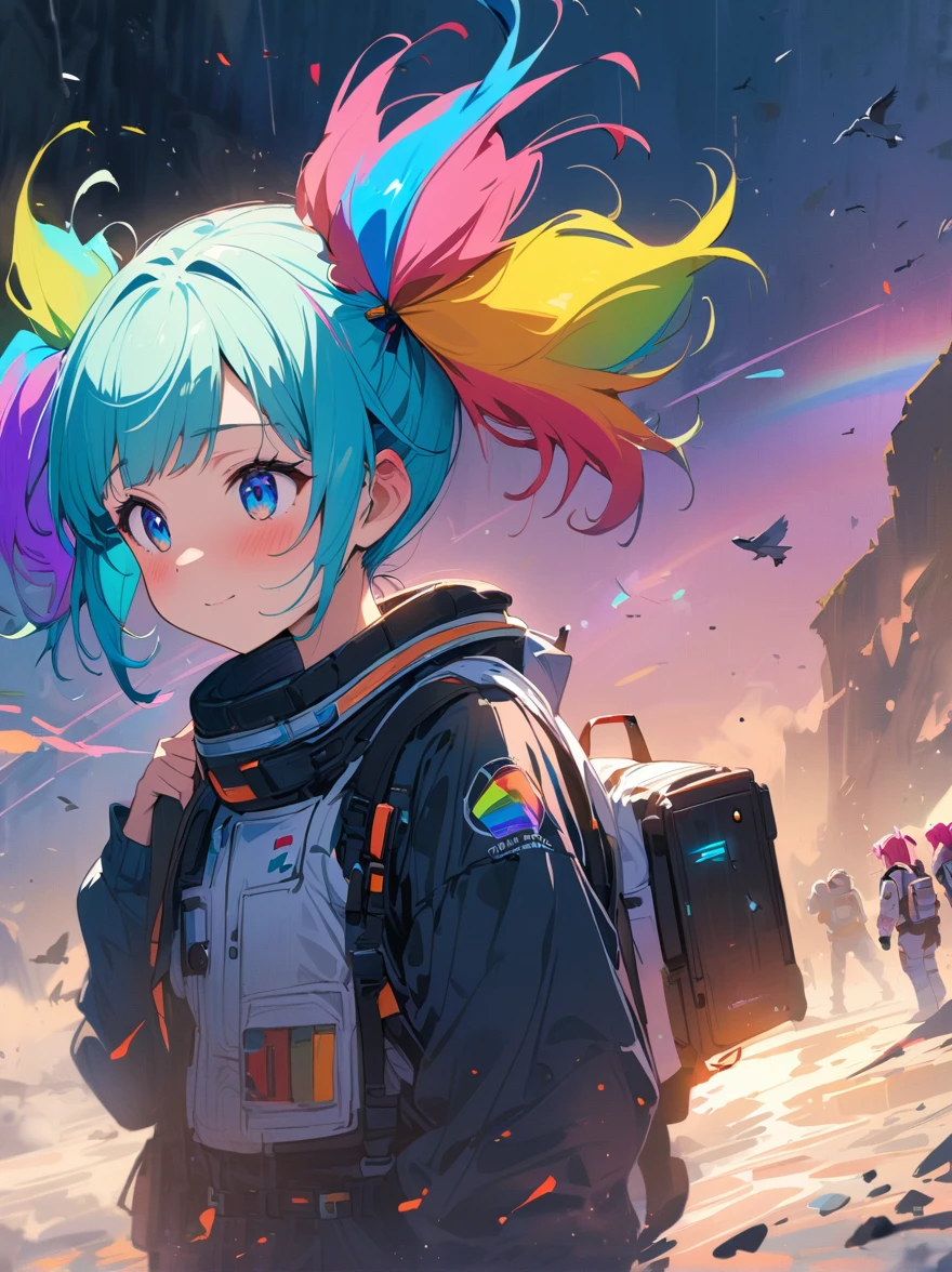 Hair shaking, victory, Long eyelashes, Solid round eye, A faint smile, ear blush, direction, (((Rainbow hair))), cosmetic, blush, sad, sad smile, shadow, Relief, Atmospheric perspective, 8K, Super Detail, precise, best quality, (Cyberpunk), Bright Lights, masterpiece,1 Girl, ((((Short twin tails)))), Colorful hair, flight, Pink bow,((16-year-old female model)), (Angel Halo) , Eye level shot, (((astronaut))), (((Cowboy shooting))), ((((( Splash of Color ))))), (((Technology for Dummies)))