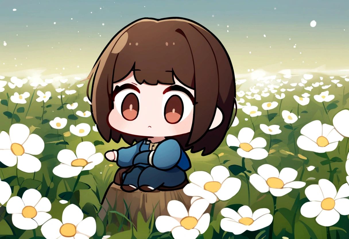 A girl with dark brown hair, styled in blue long sleeves, sitting in a beautiful field of white flwers. Chibi style