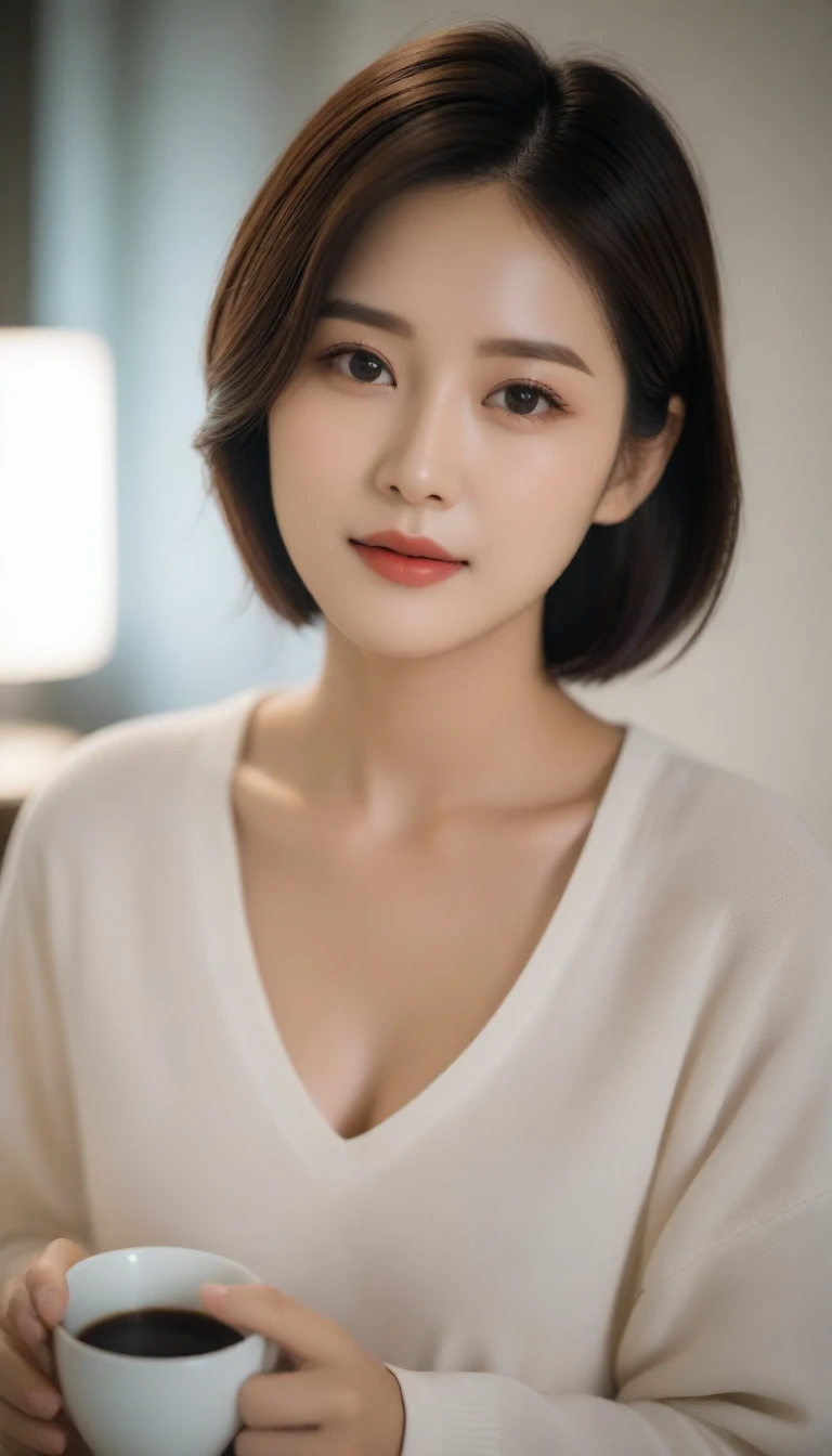 A close-up of a beautiful Korean woman, 29 inch breast size, wearing a long-sleeved shirt, skirt, elegant expression, Looking straight ahead at the camera, Leave a cup of coffee indoors at home, night, short hair front view, home indoorUHD