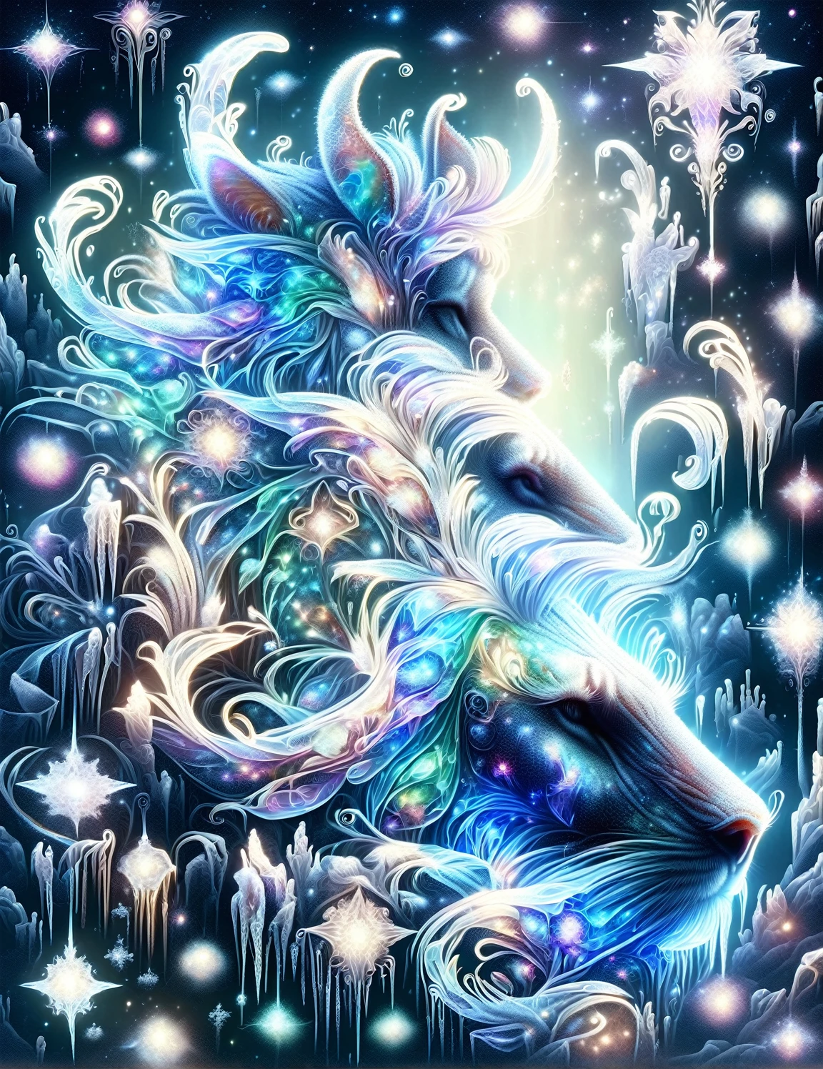 FrostedStyle art by Alice Rahon anne stokes, Callie Fink Mythical creatures, glowing in chromatic hues, bathed in the celestial light of the northern lights and the mystical aura of dusk. They stand majestically amidst a panorama of stars and a vast, breathtaking galaxy, surrounded by the enchanting beauty of the myth. Captured with a macro lens, the intricate details of these creatures are brought to life, revealing their divine and sacred nature. The mood is awe-inspiring and magical, the atmosphere is filled with the cosmic wonders of the universe. digital painting, highly detailed, intricated, intricated pose, clarity, high quality