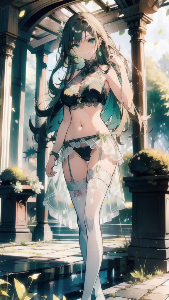 ((masterpiece, best quality)), Delicate face,student,Smiley Face,whole body,Standing picture,Long legs,Large Breasts,Gradient long wavy hair,Perfect body proportions,Nice green eyes,Extremely beautiful,transparent, Pure white background,Garden falling leaves,Sexy_Bikini,Lace,Garter stockings