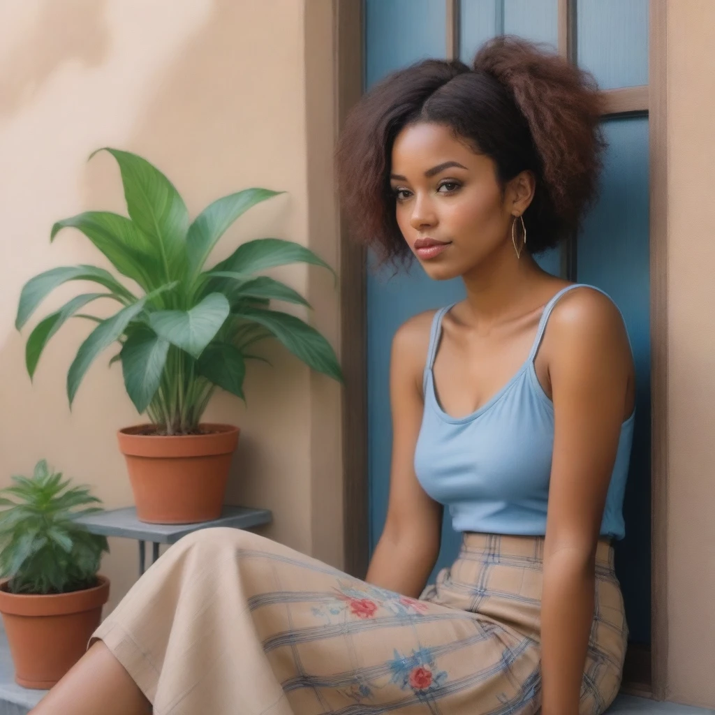 The watercolor, anime style, you asked for it, with the Brazilian woman of African ethnicity as the focal point of the scene. She sits with her back to us on a concrete porch, her arms resting on her knees and her straight brown hair falling around her shoulders. She wears a light blue blouse with thin straps and a floral skirt, her lips are a striking red and she wears black flip-flops. A brown plaid bag sits on the balcony, and the background has a beige wall with a window and potted plants by Daniela Uhlig