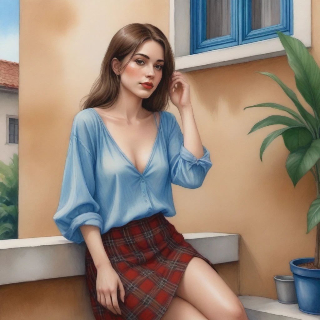 The watercolor, anime style, you asked for it, with the Brazilian woman of African ethnicity as the focal point of the scene. She sits with her back to us on a concrete porch, her arms resting on her knees and her straight brown hair falling around her shoulders. She wears a light blue blouse with thin straps and a floral skirt, her lips are a striking red and she wears black flip-flops. A brown plaid bag sits on the balcony, and the background has a beige wall with a window and potted plants by Daniela Uhlig