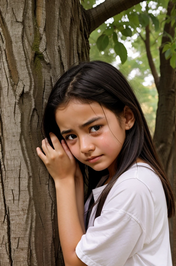 A girl crying in the corner of the tree
