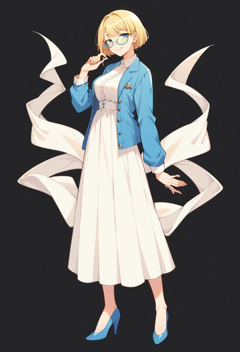 beautiful woman, beautiful face, solo, full body, standing, medium bob cut blonde hair, light blue eyes, two points glasses, medium breasts, blue opened short jacket, white blouse, white long pleats skirt, blue high heels, soft smile, pinch one's glasses, perfect hands and perfect fingers, black background, no background, pastel 2d art, matte painting, anime, masterpiece