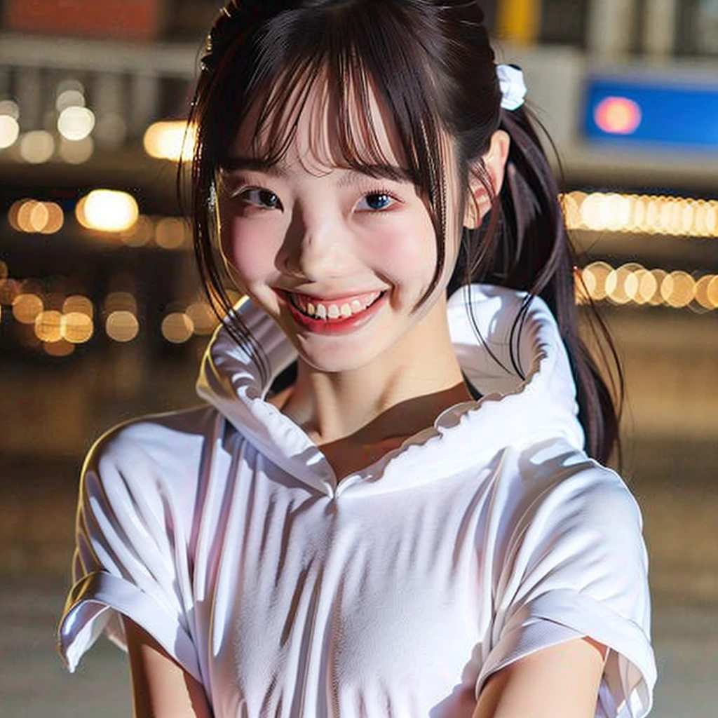 One girl, Tokyo Street,night, Cityscape,City lights,Upper Body,close,smile,, (8k, RAW Photos, Highest quality, masterpiece:1.2),(Realistic, photo-Realistic:1.37),