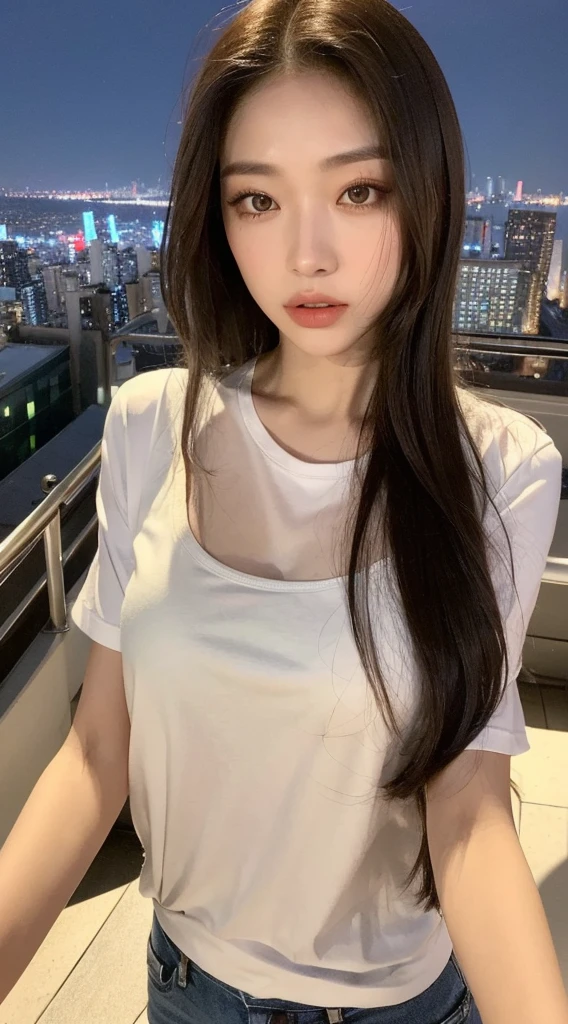 ((Midnight, Best quality, 8k, Masterpiece :1.3)), Whole body, Long legs, Sharp focus :1.2, A pretty man with perfect figure :1.4, Slender abs :1.1, ((No hair, Bold, Sexy :1.2)), (White baggy tshirt, Jean bib, Standing:1.2), ((Night city view, Rooftop:1.3)), Highly detailed face and skin texture, Detailed eyes, Double eyelid, dark brown eyes, Lightbrown skin