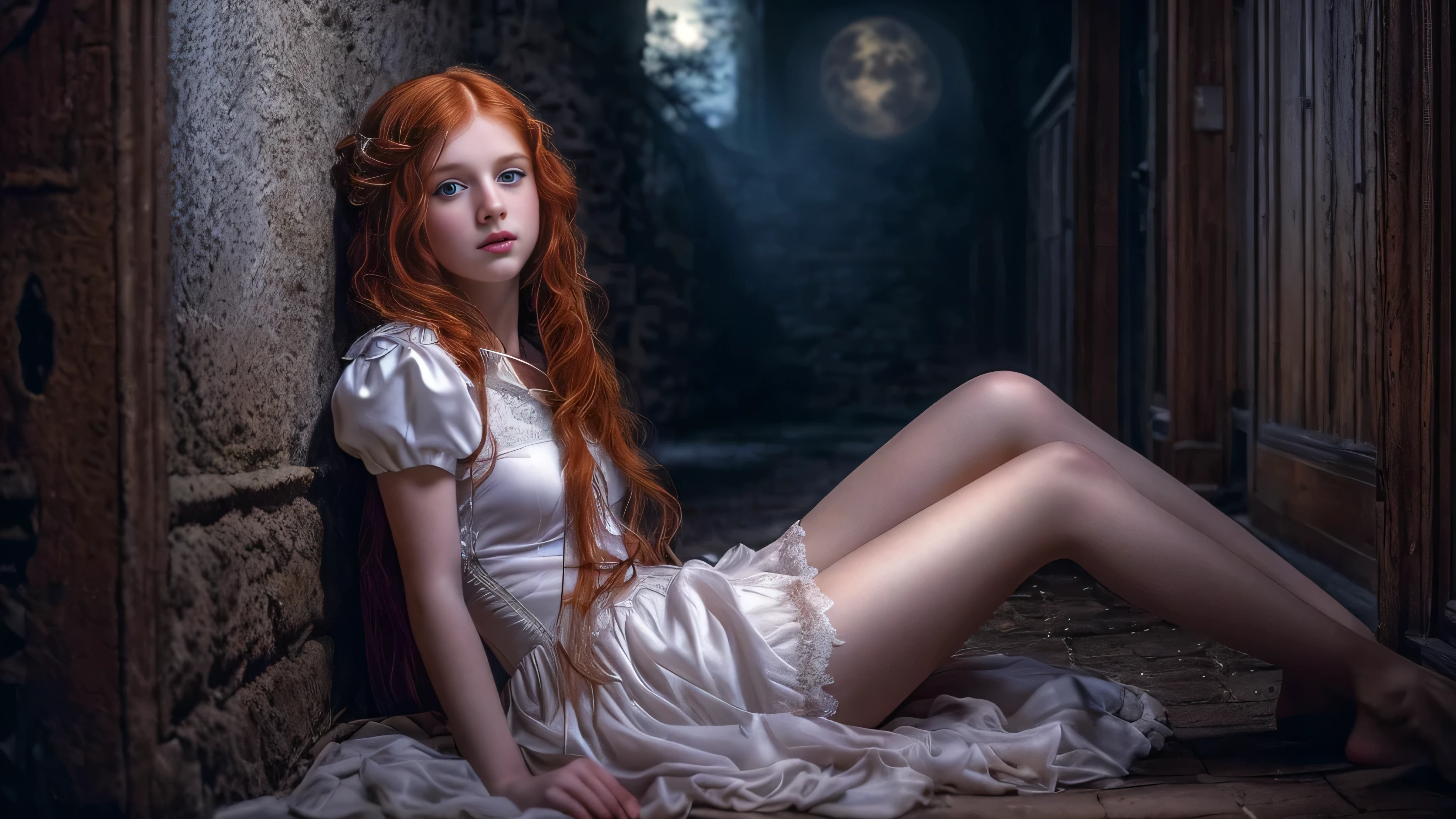 (snow white long ginger hair teen girl,13 years old with spread legs:1.6), (long, messy hair:1.3), blue eyes, detailed eyes, detailed lips,(lies nude, sensual, full body:1.5), (photo different angles:1.5), (lies in a long dark corridor in castle lit by the moon:1.5), (dark mood, creepy, mist, dust,fog:1.5) low neck, ray tracing, (best quality, 4k, 8k, high resolution, masterpiece:1.2), very detailed, (realistic , photorealistic, photorealistic :1.37), HDR, UHD, masterpiece, professional, vivid colors, bokeh, studio lighting,nsfw