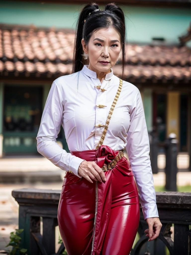 ((best quality)), ((Masterpiece)), (4k details), photorealism, full body, (((Old Asian woman))), ((Age 70)), tight red latex leggings, white cotton dress shirt, purple leather waist corset, Big muscles, Twintail hairstyle, Eyes on the camera,