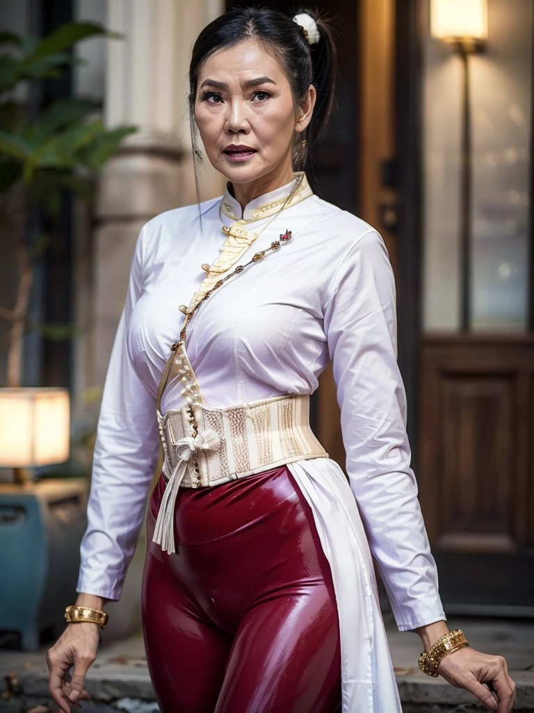 ((best quality)), ((Masterpiece)), (4k details), photorealism, full body, (((Old Asian woman))), ((Age 70)), tight red latex leggings, white cotton dress shirt, purple leather waist corset, Big muscles, Twintail hairstyle, Eyes on the camera,