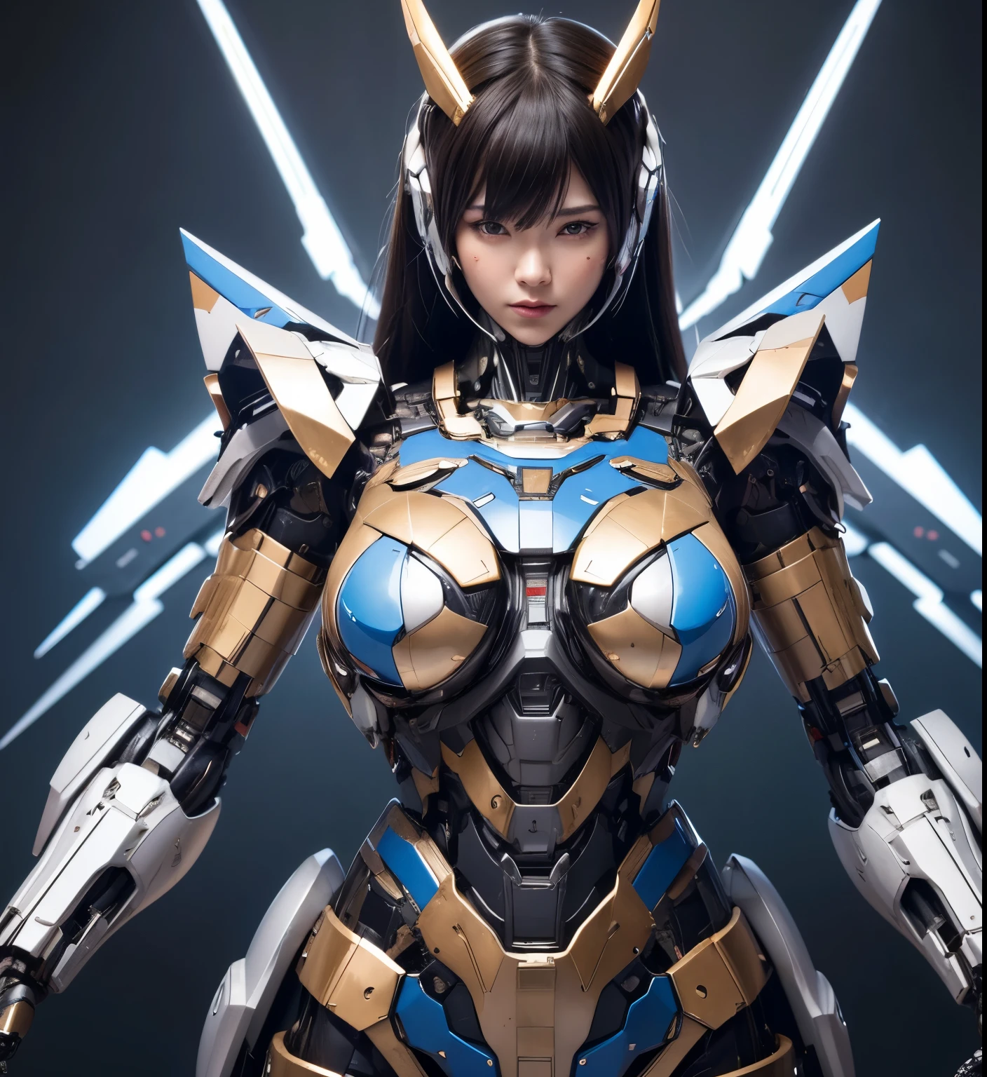 Textured skin, Super Detail, high details, High quality, Best Quality, hight resolution, 1080p, hard disk, Beautiful,(Super Heroine),Oppai Missile,beautiful cyborg woman,Mecha Cyborg Girl,Battle Mode,Girl with a Mecha Body,She wears a battle cyborg mech with a weapon,Fulll body Shot