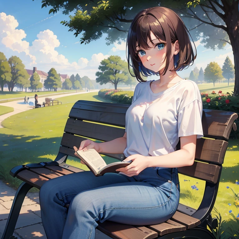 Masterpiece, best quality, 1girl, has short brown hair, has blue eyes, best eyes, wears blue sweetshirt and farmer jeans, sitting on a bench in the park, read a book, sunny day