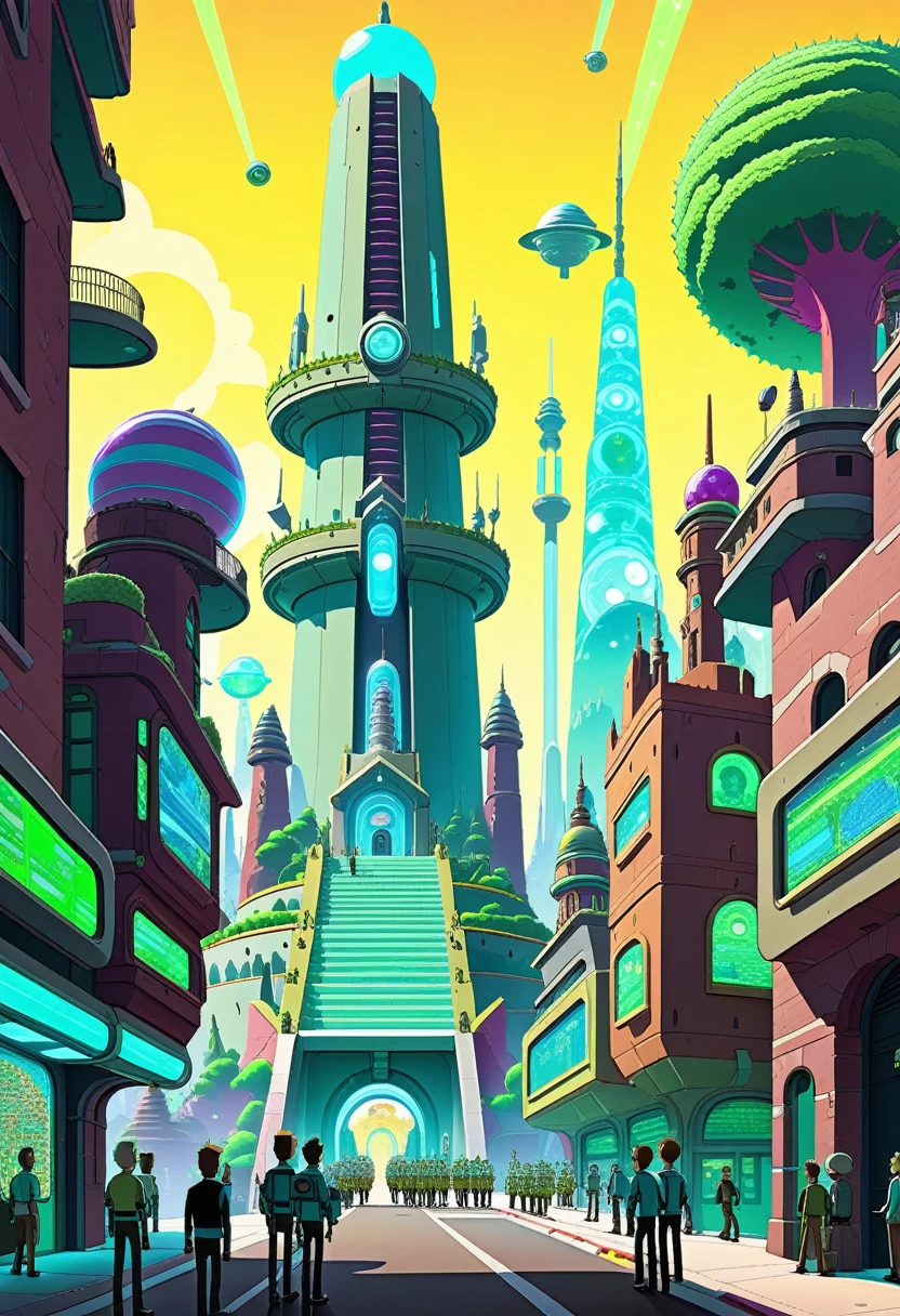 Citadel of Ricks Description: The Citadel of Ricks in all its glory, with multiple versions of Rick and Morty walking the streets.
Detalhes: Futuristic buildings and intergalactic ad holograms make up the background. Different Ricks and Mortys are doing various activities, how to discuss science, fighting threats and even relaxing.