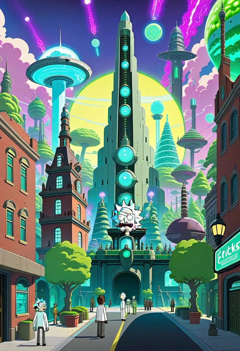 Citadel of Ricks Description: The Citadel of Ricks in all its glory, with multiple versions of Rick and Morty walking the streets.
Detalhes: Futuristic buildings and intergalactic ad holograms make up the background. Different Ricks and Mortys are doing various activities, how to discuss science, fighting threats and even relaxing.
