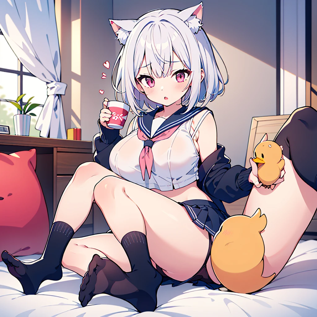 1 girl,High target,abdomen,Ultra-short sailor suit,Large Breasts,Room,Face is so red,Slim,Big breasts can hold the cup,Incredibly sexy,one person,Cat ear,full-body shot,Duck sitting,mini skirt,Black socks,Reveals pink underwear,White hair