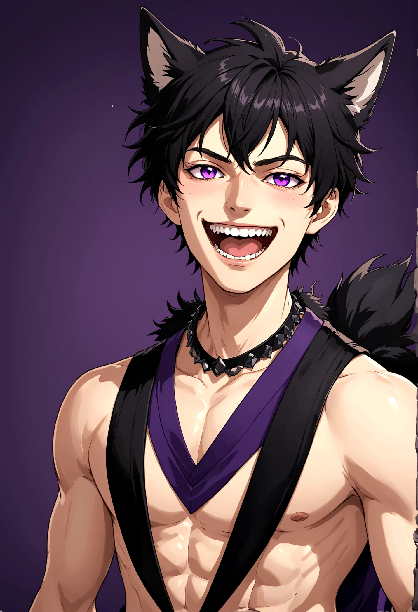 Handsome anime boy, laughing out loud,teeth,Purple Eyes,Black short hair,Wolf ears,Performance costumes,Chest muscles,body movements