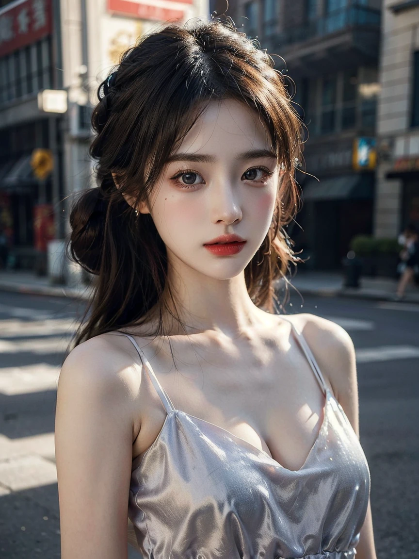 1girl, (looking at viewer:1.2), detail face, (a girl standing, rending on cgsociety, black shadows, streaming, new york backdrop), romanticism, atmospheric, (RAW photo, best quality), (realistic, photo-realistic:1.3), masterpiece, an extremely delicate and beautiful, extremely detailed,Hair in a bun,Wear delicate earrings, D cup,Cleavage,Semi-transparent deep V silk dress1.5,Exquisite eye details,