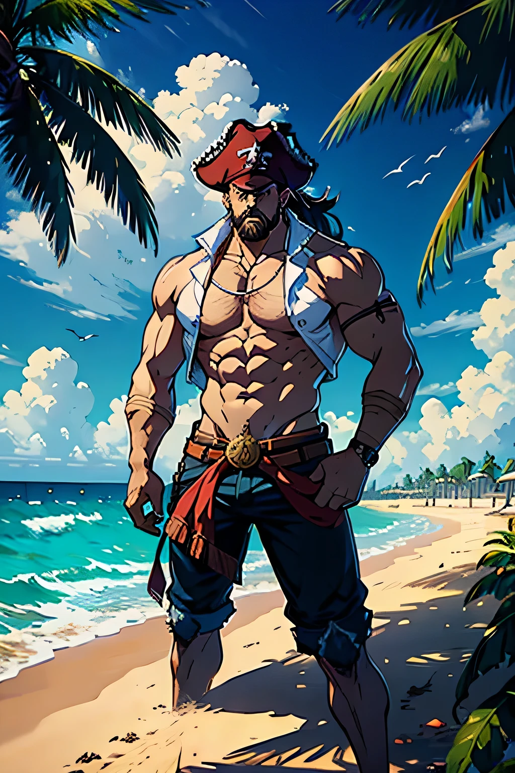 un homme pirate musclé qui tient une carte au trésor sur la plage d'une ile tropical dans le thème du jeu sea of thieve