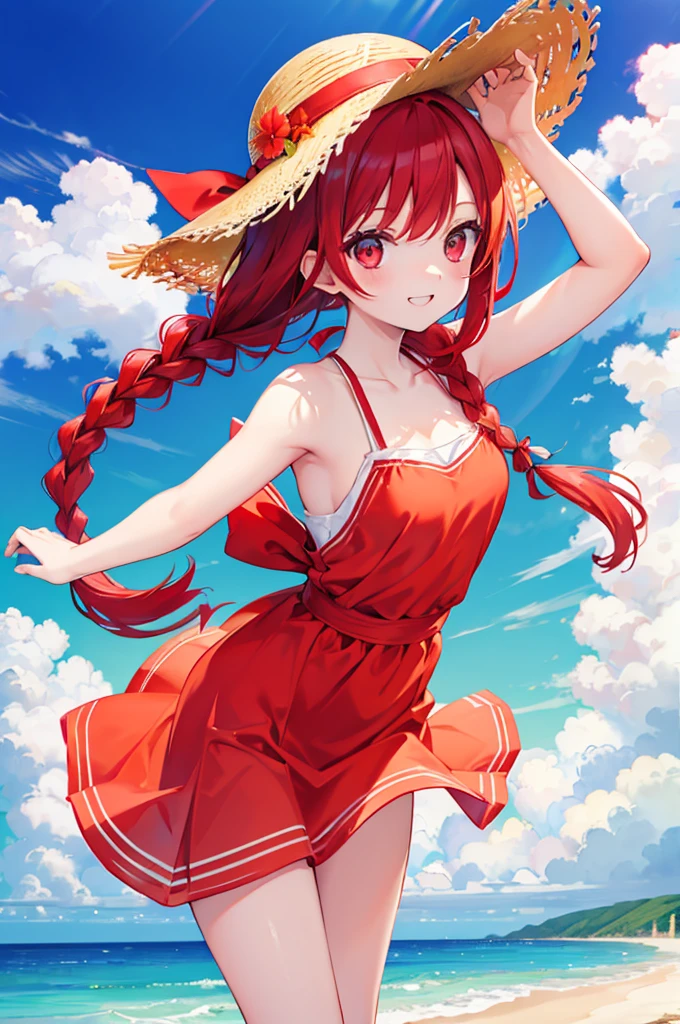 Red Hair Braid Red Eyes beautiful girl Yellow dress Straw hat blue sea White sand beach Light of the sun smile