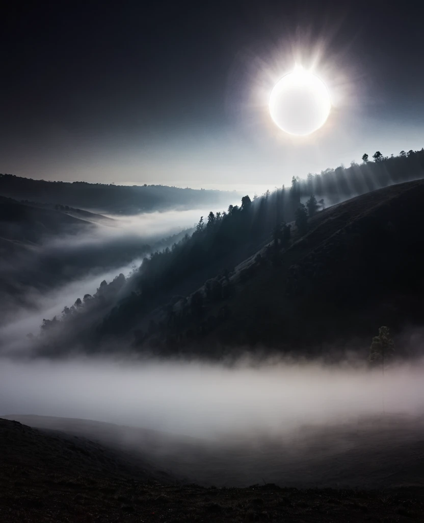 black background ,mist , anguish, valley , eclipse, Spirits, 